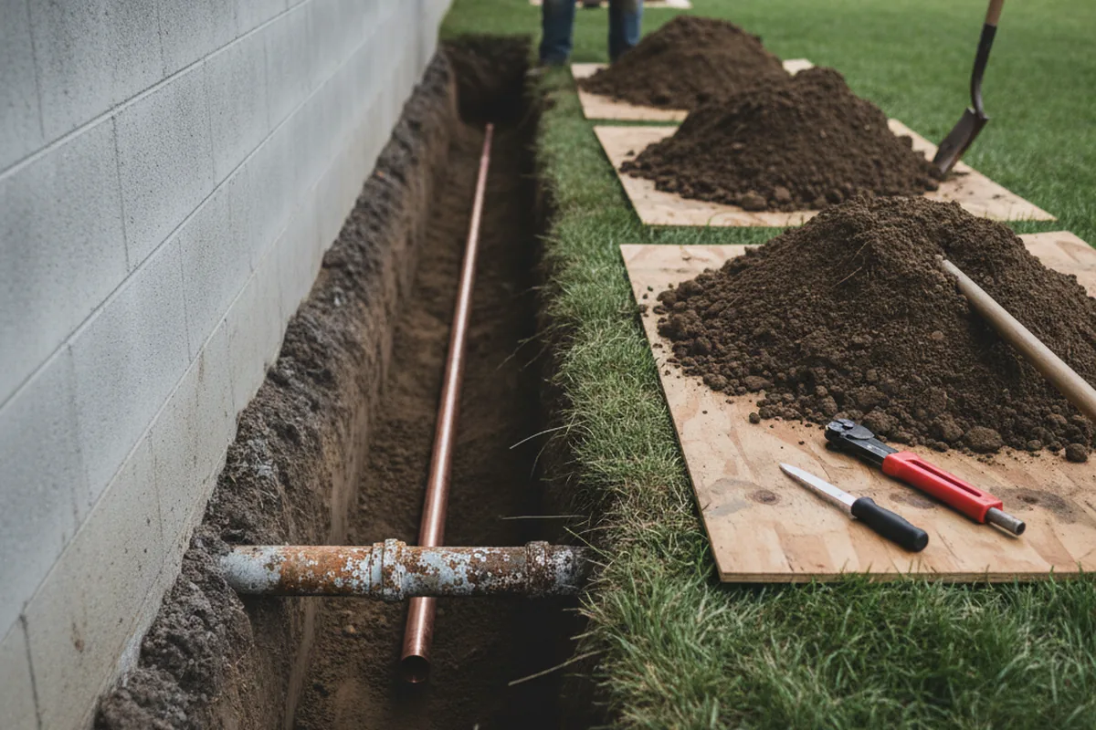 Excavated water line trench during Sewer Line Repair in Lilburn